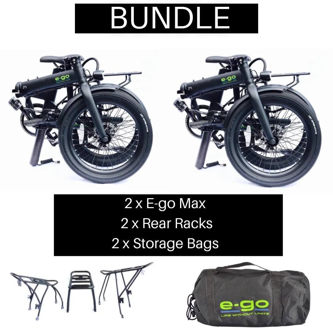E-Go Max Electric Folding Bike - Twin Pack with Rear Racks and Storage Bags