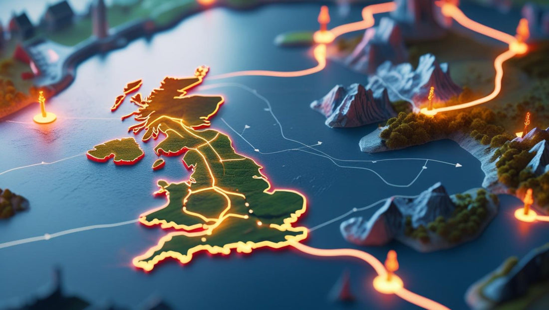 Illustrated map of the UK with glowing cycle routes