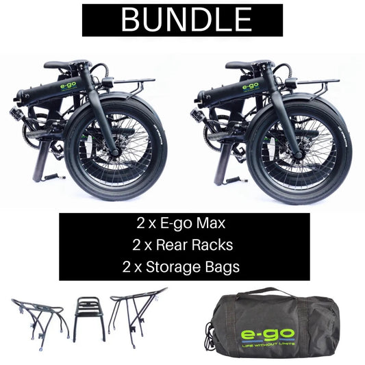 E-Go Max Electric Folding Bike - Twin Pack with Rear Racks and Storage Bags