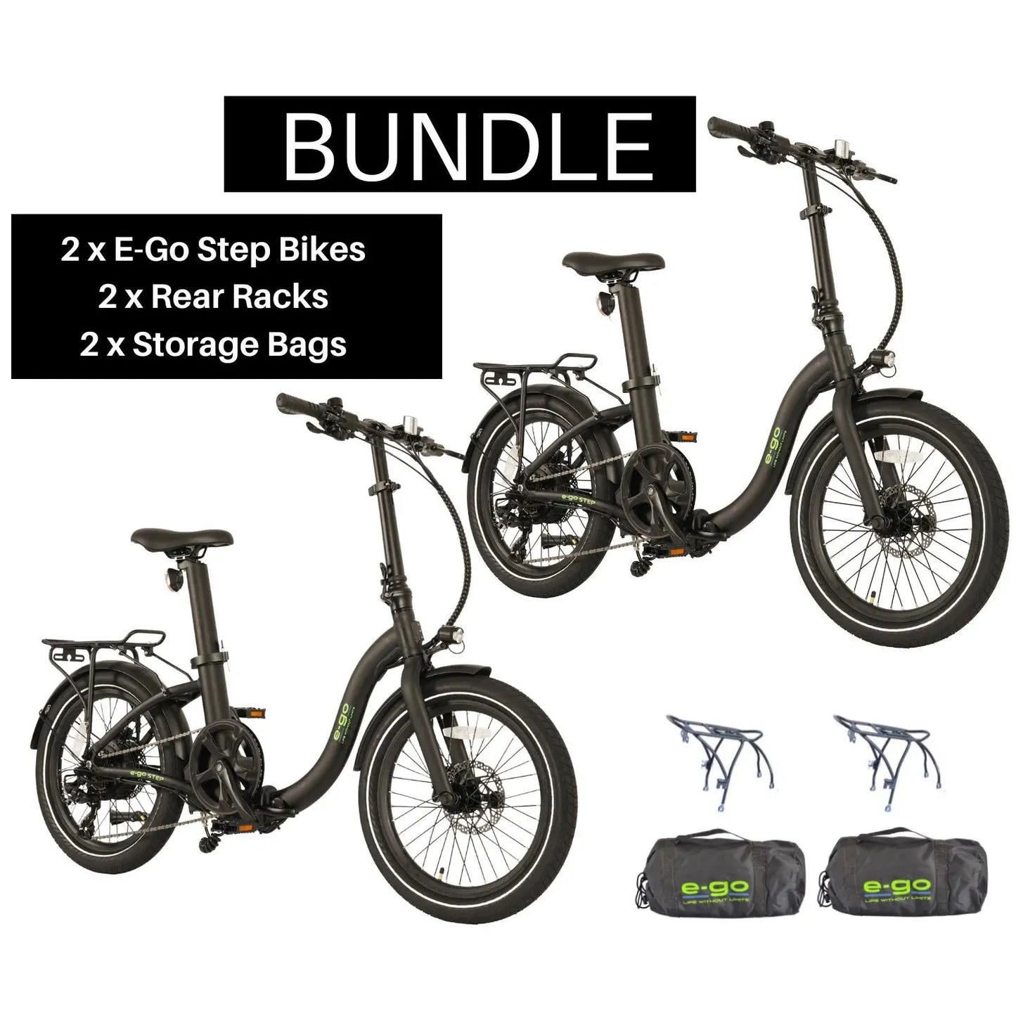 E-Go Step Electric Folding Bike - Twin Pack with Rear Racks and Storage Bags